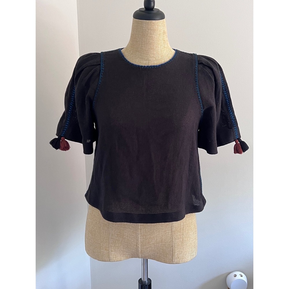 Sea New York Puff Sleeve Top Women Navy Blue Tassel Embroidered Blend Small